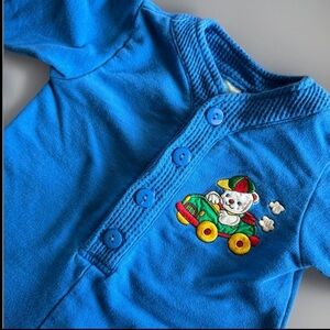 Vintage 90s Baby Blue Romper Sleeper Teddy Bear Car 6–9 Months Colorblock